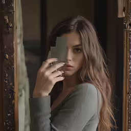 a young woman is holding a card in front of her face