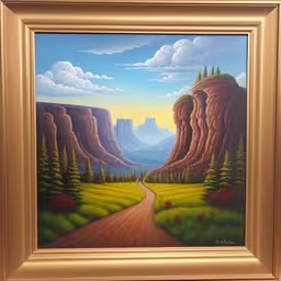a painting of a road that goes through the canyon,a painting of a dirt road near mountains,a painting on a framed canvas of an old - fashioned road and a canyon,a painting of a road going through a canyon,painting of a country road that is in a frame