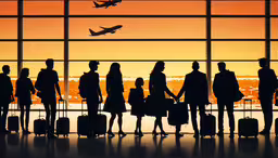 there are many people standing near an airport terminal,silhouettes of people waiting in line while an airplane flies by