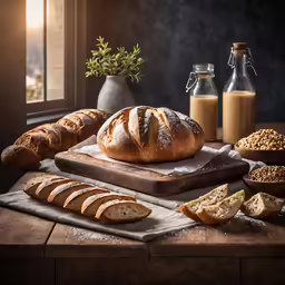 bread, milk, grain and other items on a table