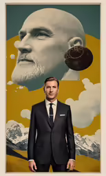 man in suit standing with his head turned to look like a human being