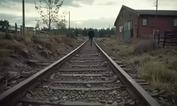 a man walking down the railroad tracks to an abandoned barn