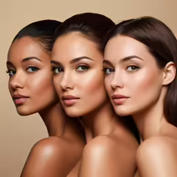 a woman is surrounded by other female models