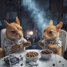 two cats dressed as mice having their dinner