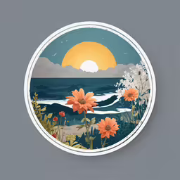 round wall clock with painted flowers on it,a painting of a sunset with orange flowers on it