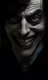 a male in a white shirt and black coat is wearing scary mask