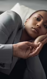 a woman wearing a suit with her hand on her lap