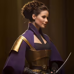 a woman in a costume holding a sword