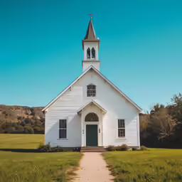 a white church with a bell tower sits in the grass