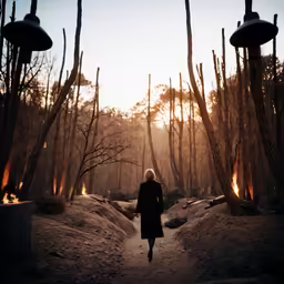 woman walking through a forest, with many trees and benches