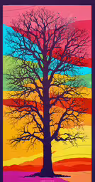 the lone tree of winter digital painting by artist michael kline,a painting of a tree with the colors of rainbows