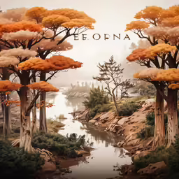 a painting of trees and bushes surrounding a creek