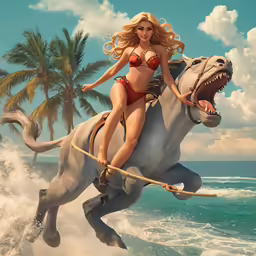 a female in a bikini riding on a white horse