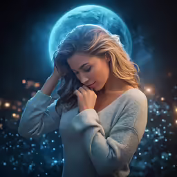 the woman has her hand on her face as she stands under the moon