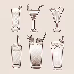 six glasses with drinks in them,a sketched version of different types of drinks