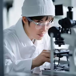 a boy in glasses and hat with a microscope