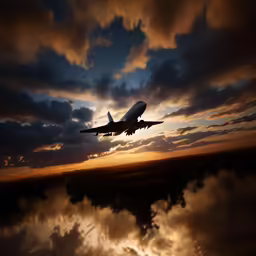 an airplane flying through the clouds at sunset