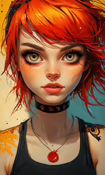 anime girl with red hair, black top and a collar