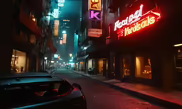 a city street at night with neon signs