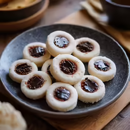 an assortment of cookies with chocolate filling on a plate