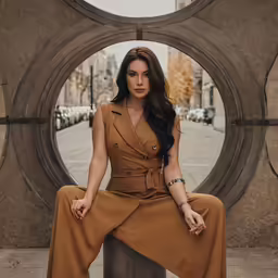 a woman is sitting outside in a brown dress