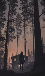 a woman walks in the fogy woods of the night
