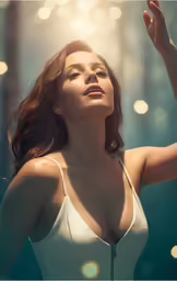a woman with her hand out in the air