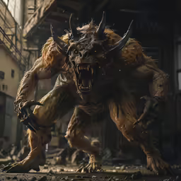 the beastman from the movie warcraft holding a hammer
