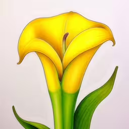 a painting of a yellow flower is shown,a drawing of two yellow flowers next to each other,painting with oil paint yellow flower and green stem,a yellow flower that is drawing in colored pencil,this is an image of the back side of a flower