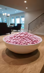 a bowl full of pink hearts in a home