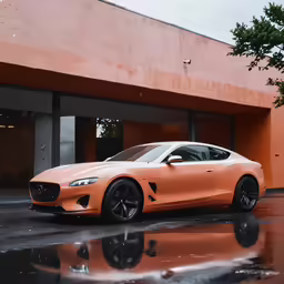 an orange car parked in front of a building