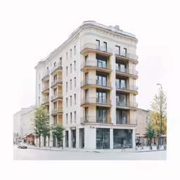 an apartment building that has a white sky in the background
