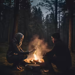 two people sitting next to each other near a fire