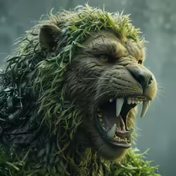 a lion with foliage on its back head