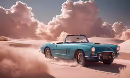 an old car driving in the desert with steam coming out of the wheels