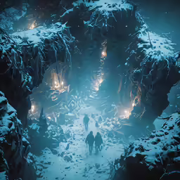 a cave entrance in the dark with some people walking