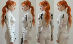 an anime model with red hair in four different positions