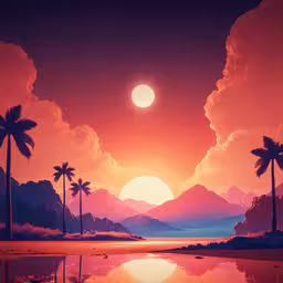 an illustration of a sunset with palm trees and the moon,a large sun rising over a mountain range