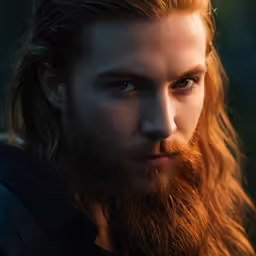 a close up of a man with long red hair and beard