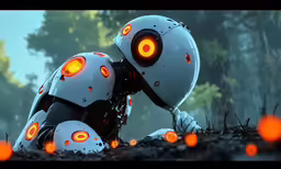 an animated robot looking at something in a forest