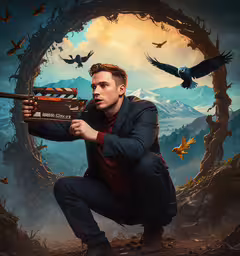 a man is holding up a rifle in front of mountains,man in a strange setting with a gun