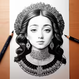 a drawing of a woman with a necklace in her hair