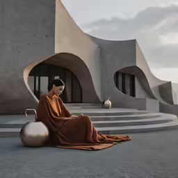 a woman sitting on concrete steps next to a cement building