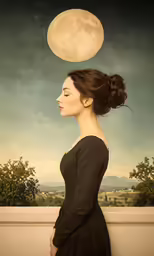 a woman stands in front of an image with a full moon above her head