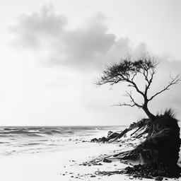 a lone tree on the beach with waves crashing about
