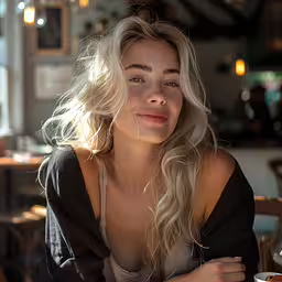 a woman smiling and leaning on the table in front of a plate,a woman sitting in front of a white table