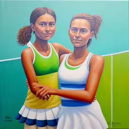 a painting of two girls standing side by side,two beautiful women are standing in front of a tennis court