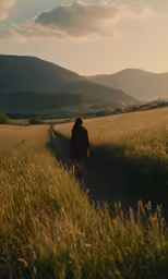 a man is walking down a dirt road