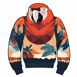 the jacket with an image of a parrot in a tropical landscape
