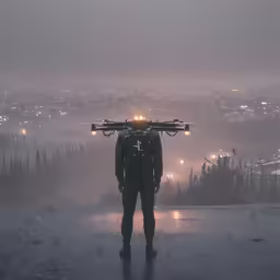 a man stands on a roof in the rain with a camera mounted to his shoulder